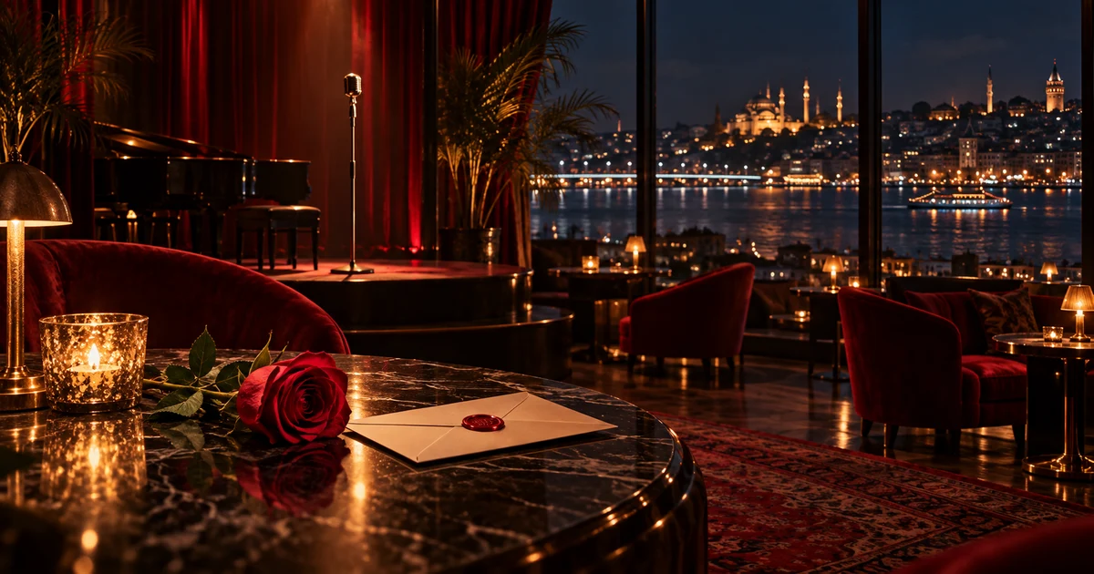 Ilustracija hotelske pozornice, ruže i zatvorenog pisma u Istanbulu