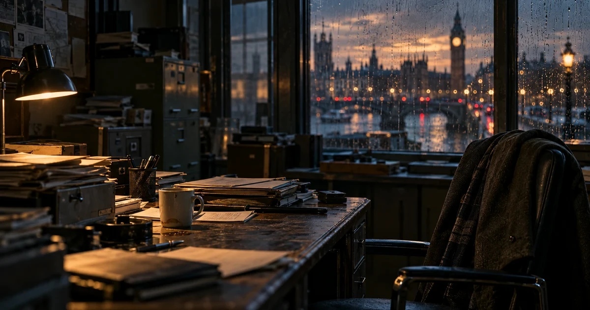 AI urednička ilustracija stare londonske kancelarije s dosjeima i šoljom čaja